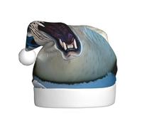 JAYWIS Papier peint peint peint phoque du Groenland - Imprimé chapeau de Noël en peluche pour adulte - Pompon style Père Noël - Chaud et doux - Couvre-chef de vacances pour fêtes de Noël.