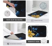 JAYWIS Tapis antidérapant en flanelle pour cuisine et salle de bain, toucher doux, protection pratique, 40 x 60 cm, bleu turquoise, fleurs dorées