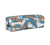 JAYWIS Trousse à crayons en cuir avec fermeture éclair faite à la main Motif chien basset floral, blanc, Taille unique, Trousse de beauté