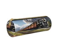 JAYWIS Trousse à crayons en cuir imprimé avec fermeture éclair motif train de locomotive à vapeur, organiseur cylindrique compact pour l'école, le bureau et les voyages, blanc, Taille unique