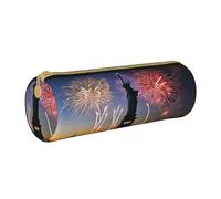 JAYWIS Trousse à crayons en cuir imprimé drapeau statue de la Liberté avec fermeture éclair motif grain croisé, organiseur cylindrique compact pour l'école, le bureau et les voyages, blanc, Taille