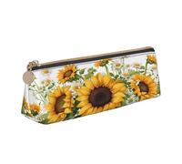 JAYWIS Trousse à crayons triangulaire en cuir avec imprimé tournesols jaunes et fleurs blanches pour l'école, le bureau et les voyages, fermeture éclair de qualité supérieure, blanc, Taille unique