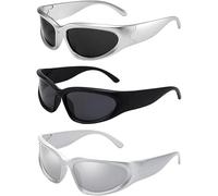 JazRvr Lot de 3 paires de lunettes de soleil pour festival - Lunettes de soleil rapides Rave - Accessoires Y2K - Lunettes de soleil futuristes UV400 - Noir/argenté/blanc