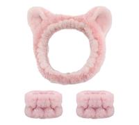 JazSwirl Ensemble de 3 bandeaux et bracelets de lavage du visage, 1 bandeau et 2 bracelets de lavage du visage, 2 bandeaux en peluche avec oreilles d'animal mignonnes pour se laver le visage (chat