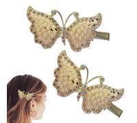 JazSwirl Lot de 2 barrettes à cheveux papillon pour femme - 5 cm - Élégante perle dorée, strass et alliage - Pour cheveux élégants (perles dorées)