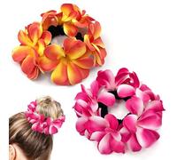 JazSwirl Lot de 2 chouchous à fleurs hawaïennes pour femme, motif fleurs de pluméria, élastiques à cheveux, orange et rose vif, pour l'été, la plage, le quotidien,