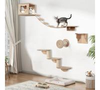 JAZUIHA Mur d'escalade pour chat XXL - Parc mural en bois 4 pièces avec grotte pour chat, pont suspendu, escalier et colonne en sisal - Meuble mural parfait pour chats domestiques