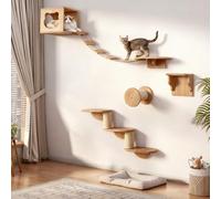 JAZUIHA Mur d'escalade pour chats XXL - Ensemble de 4 pièces en bois avec grotte pour chats, pont suspendu, escalier et colonne en sisal - Mobilier mural pour chats domestiques