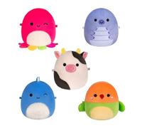Jazwares Pack de 5 Peluches Micromallows Original Squishmallows - Peluches de 6,5 cm Ours, Vache, Dinosaure, Inséparable et Poulpe