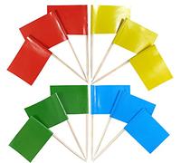 JBCD Lot de 200 cure-dents en forme de drapeau rouge, bleu, jaune et vert - 4 couleurs unies - Décorations pour cupcakes, cocktails, petits drapeaux