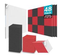 JBER Lot de 48 panneaux acoustiques en mousse - 2,5 x 30 x 30 cm - Pour studio - Insonorisant - Résistant au feu - Rembourrage acoustique - Noir et rouge
