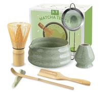 JBER Lot de 7 balais à matcha - Balai et porte-balai, bol à matcha avec bec, passoire, cuillère et support, accessoires japonais pour les amateurs de matcha - Vert classique