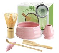 JBER Lot de 7 balais à matcha - Balai et porte-balai, bol à matcha avec bec, passoire, cuillère et support, pour les amateurs de matcha - Rose