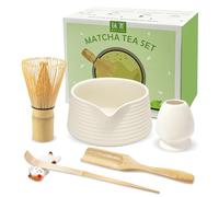 JBER Matcha Kit 6 Pièces - Fouet en Bambou pour Matcha, Bol à Matcha à Buse, Support pour Fouet, Cuiller et Support, Kit de Thé Japonais pour Amoureux du Matcha - Blanc Mat