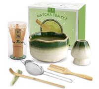 JBER Matcha Kit 7 Pièces - Fouet en Bambou pour Matcha, Bol à Matcha à Buse, Support pour Fouet, Tamis à Matcha, Cuiller et Support, Kit de Thé Japonais pour Amoureux du Matcha - Vert avec Dégradé