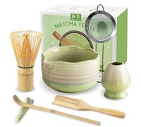 JBER Matcha Kit 7 Pièces - Fouet en Bambou pour Matcha, Bol à Matcha à Buse, Support pour Fouet, Tamis à Matcha, Cuiller et Support, Kit de Thé Japonais pour Amoureux du Matcha - Dégradé Jaune Vert