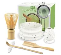 JBER Matcha Kit 7 Pièces - Fouet en Bambou pour Matcha, Bol à Matcha, Support pour Fouet, Cuiller et Support, Tamis à Matcha, Kit de Thé Japonais pour Amoureux du Matcha - Blanc Mat