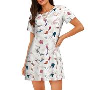 JBYJBX Chaussures à talons hauts imprimées chemises de nuit pour femmes chemise de nuit respirante à manches courtes robe de pyjama longueur genou, Noir, L