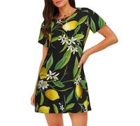 JBYJBX Chemise de nuit à manches courtes pour femme, imprimé citron et fleur, robe de pyjama longueur genou, Noir, XXL
