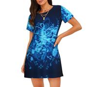 JBYJBX Chemise de nuit bleue à manches courtes pour femmes, imprimé notes de musique, robe de pyjama longueur genou, Noir, S