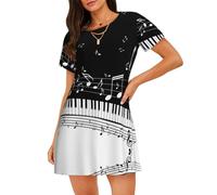 JBYJBX Chemise de nuit noire et blanche imprimée note de musique pour femmes, chemise de nuit respirante à manches courtes, robe de pyjama longueur genou, Noir, XXL