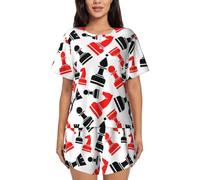 JBYJBX Ensemble de pyjama imprimé à motif d'échecs pour femmes, chemise à manches courtes, pyjama doux et soyeux, vêtements d'intérieur S-4XL, Noir/blanc, M