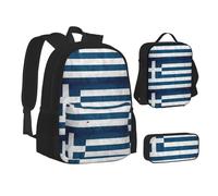 JBYJBX Sac à dos 3 en 1 avec imprimé drapeau grec, sac à déjeuner, trousse à crayons, sac à dos, noir, taille unique, Noir , Taille unique