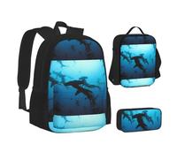 JBYJBX Sac à dos 3 en 1 avec imprimé requins marteaux, sac à déjeuner, trousse à crayons, sac à dos, noir, taille unique, Noir , Taille unique