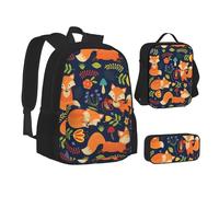 JBYJBX Sac à dos 3 en 1 avec motif animal mignon et renard avec imprimé floral, Sac à dos enfant, noir, taille unique