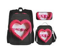 JBYJBX Sac à dos d'école 3 en 1 avec bretelles réglables et trousse à crayons Motif cœur, noir, One Size