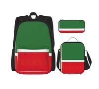 JBYJBX Sac à dos d'école 3 en 1 avec bretelles réglables, sac à déjeuner, trousse à crayons, motif drapeau de la République tchétchène, noir, One Size