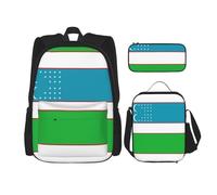 JBYJBX Sac à dos d'école, avec motif drapeau de la République d'Ouzbékistan, bretelles réglables, sac à déjeuner, trousse à crayons 3 en 1, noir, One Size
