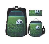JBYJBX Sac à dos d'école, bretelles réglables, sac à déjeuner, trousse 3 en 1, imprimé ballon de football sur herbe, noir, One Size