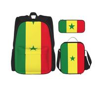 JBYJBX Sac à dos d'école, bretelles réglables, sac à déjeuner, trousse 3 en 1, imprimé drapeau du Sénégal, noir, One Size