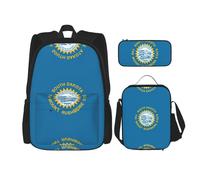 JBYJBX Sac à dos d'école, bretelles réglables, sac à déjeuner, trousse 3 en 1, motif drapeau du Dakota du Sud, noir, One Size
