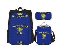 JBYJBX Sac à dos d'école, bretelles réglables, sac à déjeuner, trousse à crayons 3 en 1 avec imprimé drapeau de l'État de l'Oregon, noir, One Size