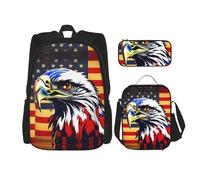 JBYJBX Sac à dos d'écolier 3 en 1 avec motif drapeau américain, motif aigle de feu, bretelles réglables, sac à déjeuner, trousse à crayons, noir, One Size