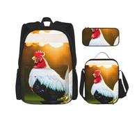 JBYJBX Shine Rooster Sac à dos d'école, bretelles réglables, sac à déjeuner, trousse à crayons 3 en 1, noir, One Size