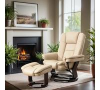 JC Home Argus Fauteuil inclinable pivotant avec ottoman, en cuir synthétique et base en bois avec repose-pieds, double mousse ultra pelucheuse pour salon, chambre à coucher et bureau