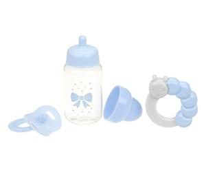 JC Toys Lot de 3 accessoires pour poupée (biberon, tétine et hochet), bleu, s'adapte à toutes les poupées jusqu'à 50 cm, +2 ans