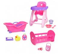 JC Toys - Set de 3 pièces pour poupées, Baignoire, Chaise Haute de Manger, Berceau à Bascule et 9 Accessoires, poupées jusqu'à 28 cm, idéal pour Jouer, Rose, conçu par Berenguer, +2 Ans