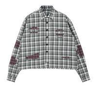 JCARSON Grunge Chemise à carreaux pour homme avec patch vieilli pour homme, chemise boutonnée vintage surdimensionnée à manches longues, vert, Taille S