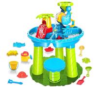 Jcasbdn Niveau à Eau pour Enfants, Table de Jeu d'eau et de Sable 3 sur 1 avec des moules d'animaux, des écopages, truelles, Un râteau à Main, Un Seau, Banc et Plus Encore pour Les Jouets 'arrière