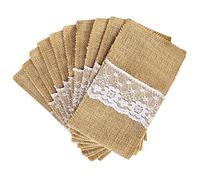 Jcevium - Lot de 50 porte-couverts en toile de jute naturelle - 21 x 11 cm - Pour couteaux et fourchettes - Décoration de mariage en toile de jute et dentelle