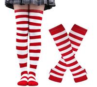JchEnye Un couple de bas moyens rayés rouge et blanc et un ensemble de gants pour adultes. Bas jambiers au-dessus des genoux, un choix pour les spectacles de Noël et le style vestimentaire quotidien.