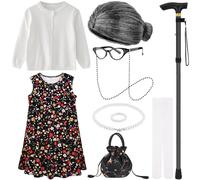 JcHrmers Déguisement de vieille dame pour 100 jours d'école, robe de vieille femme, pull, perruque, sac, canne, accessoire pour s'habiller (noir, 5-7 ans)
