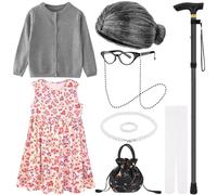 JcHrmers Déguisement de vieille dame pour 100 jours d'école, robe de vieille femme, pull, perruque, sac, canne, accessoire vestimentaire (gris, 8-10 ans)