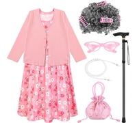 JcHrmers Déguisement de vieille dame pour 100 jours d'école, robe de vieille femme, pull, perruque, sac, canne, accessoire vestimentaire (rose, 5-7 ans)
