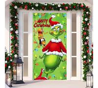 JClorix Décoration Porte de Noël avec Père Noël & Grinch, Couverture Élastique pour Porte d'Entrée, Banderole de Noël Extérieur & Intérieur, Déco de Noël Facile à Installer avec Fixation Velcro