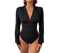 JCNAGXY Body à Manches Longues pour Femmes, col en V Plongeant, Justaucorps froncé, Coupe cintrée, t-Shirt pour Sortir, Hauts fête